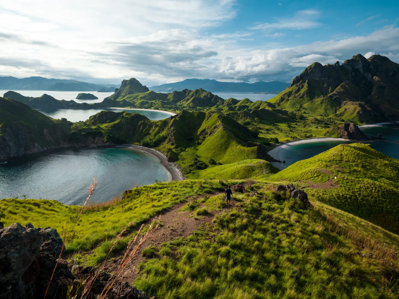 Viewpoint over the bays and green hills of Padar Island